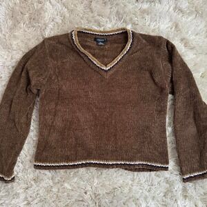 Helium Retro Goblincore Brown Fuzzy V-Neck Cropped Sweater Top Womens Medium‎